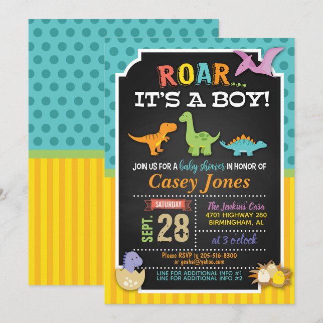 Invitación a Baby Shower de dinosaurios - Chico (Anverso / Reverso)