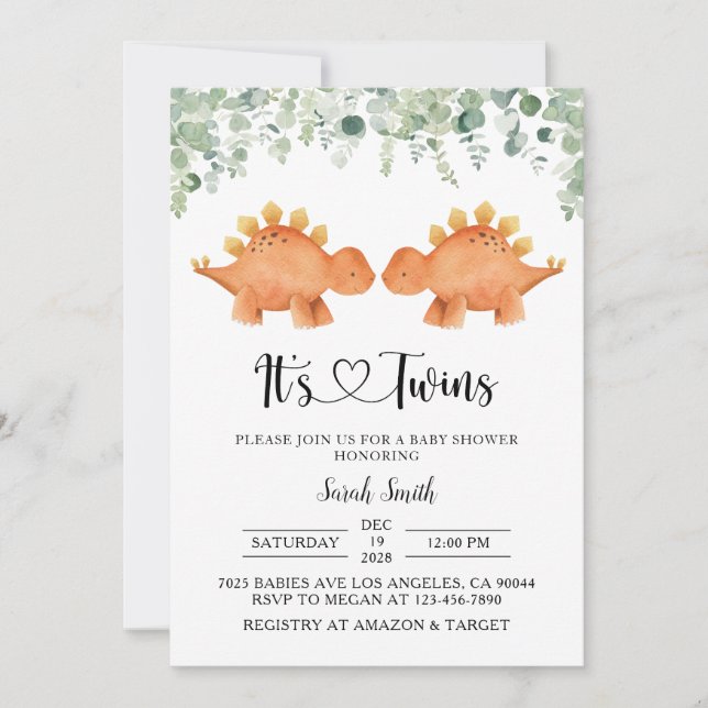 Invitación a Baby Shower de dinosaurios gemelos (Anverso)