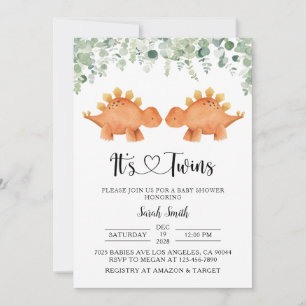 Invitación a Baby Shower de dinosaurios gemelos