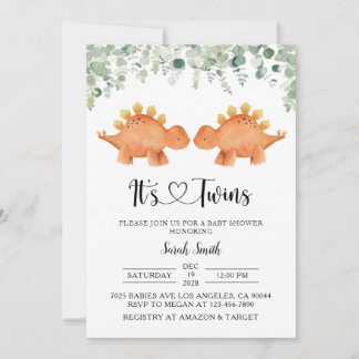 Invitación a Baby Shower de dinosaurios gemelos