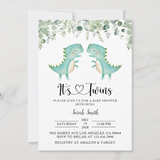Invitación a Baby Shower de dinosaurios gemelos (Anverso)