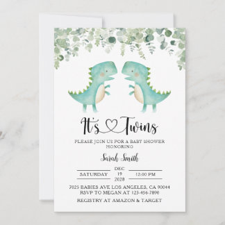 Invitación a Baby Shower de dinosaurios gemelos