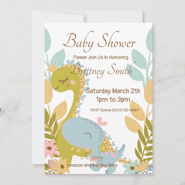 Invitación a Baby Shower de dinosaurios, género ne (Anverso)