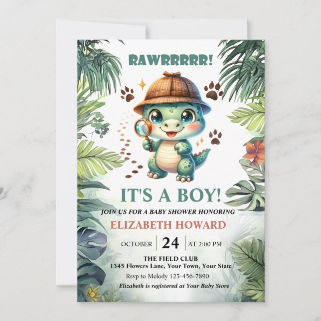 Invitación a Baby Shower de dinosaurios para bebés (Anverso)