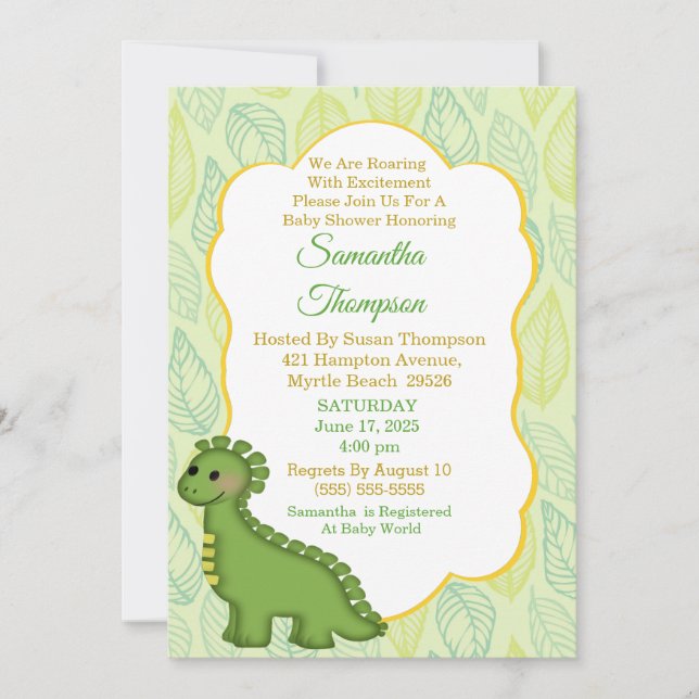 Invitación a Baby Shower de Dinosaurios Verdes Cut (Anverso)