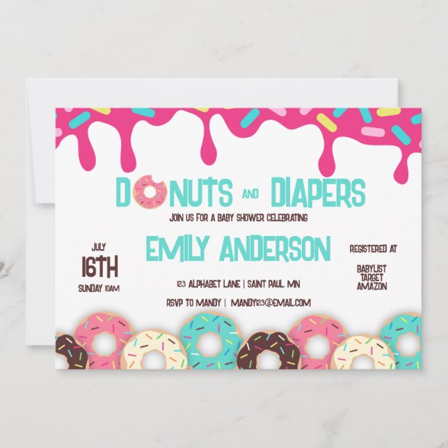 Invitación a Baby Shower de Donuts & Diapers (Anverso)
