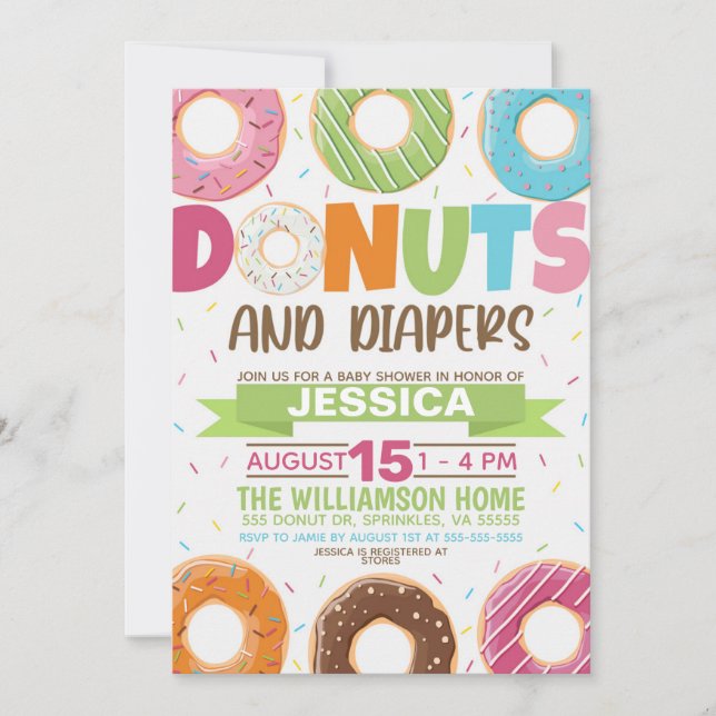 Invitación a Baby Shower de Donuts y Diapers (Anverso)