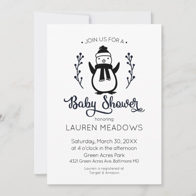 Invitación a Baby Shower de Doodle Penguin (Anverso)