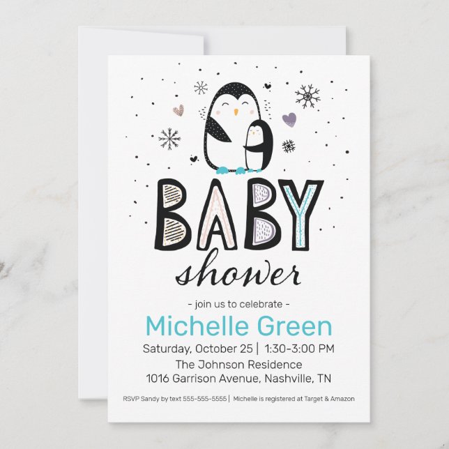 Invitación a Baby Shower de Doodle Winter Penguin (Anverso)