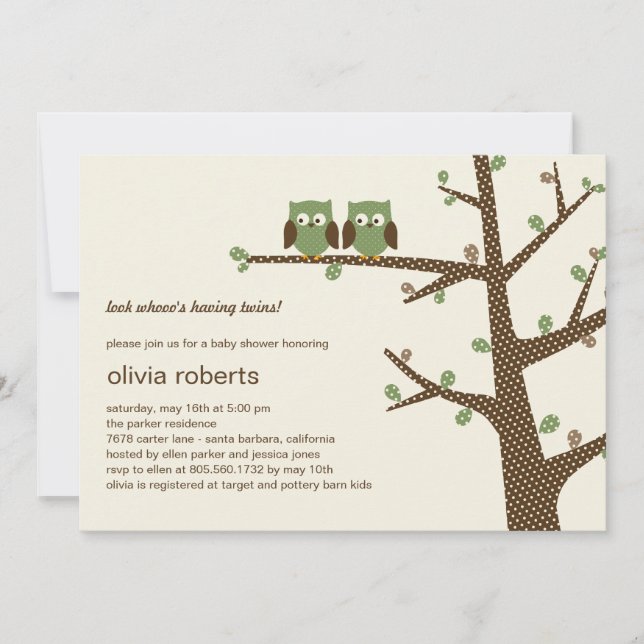 Invitación a Baby Shower de Dotty Owls Twins (Anverso)