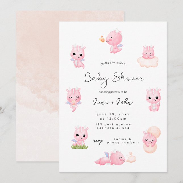 Invitación a Baby Shower de Dragón Rosa (Anverso / Reverso)