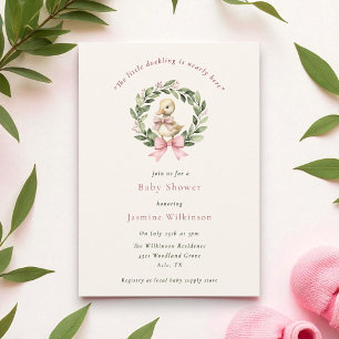 Invitación a Baby Shower de duckling con arco rosa