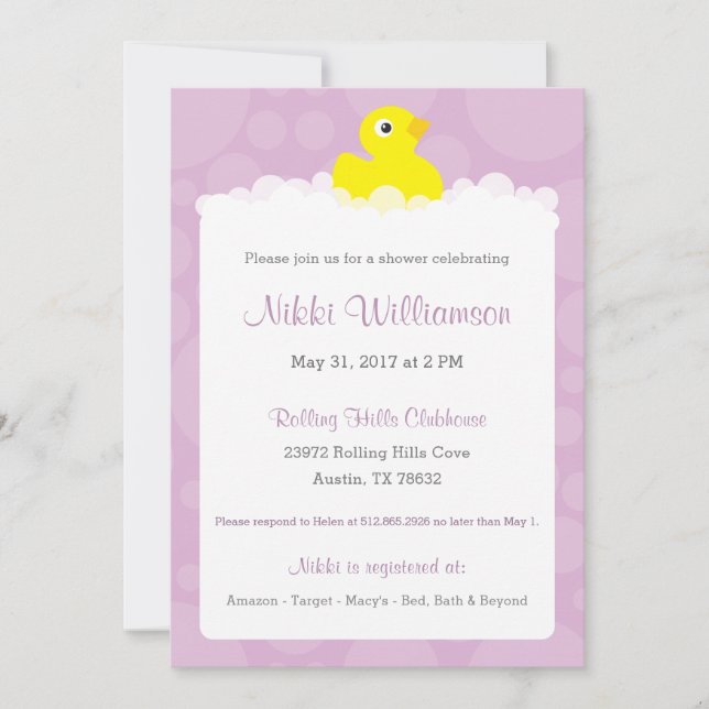 Invitación a Baby Shower de dudoso caucho - Lilac (Anverso)