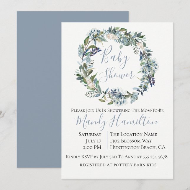 Invitación a Baby Shower de Dusty Blue Botanical (Anverso / Reverso)