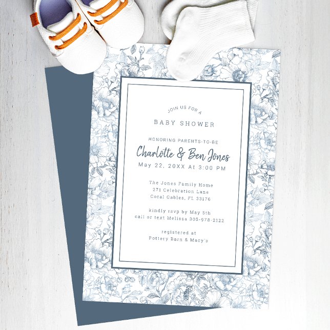 Invitación a Baby Shower de Dusty Blue Chinoiserie (Classic Baby Shower Invitation)