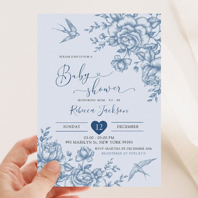 Invitación a Baby Shower de Dusty Blue Chinoiserie (Subido por el creador)