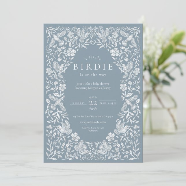 Invitación a Baby Shower de Dusty Blue Floral Bird (Anverso de pie)
