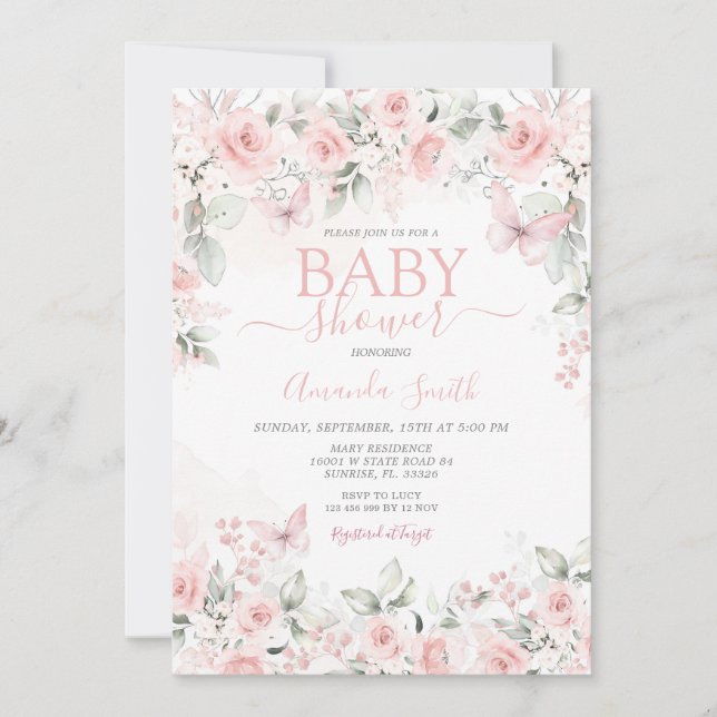 Invitación a Baby Shower de Dusty Pink Roses (Anverso)