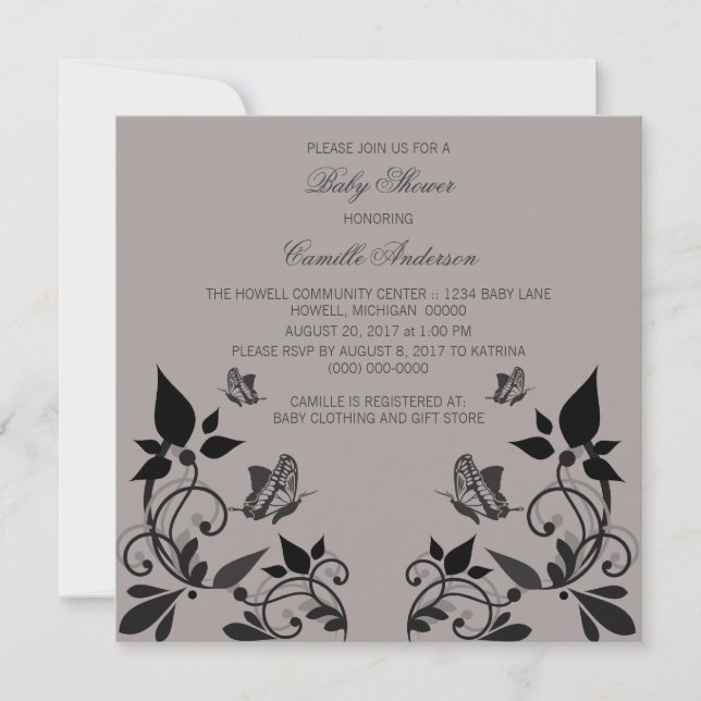 Invitación a Baby Shower de Ebony Butterfly floral (Anverso)