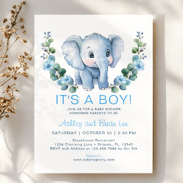 Invitación a Baby Shower de elefante azul lindo -