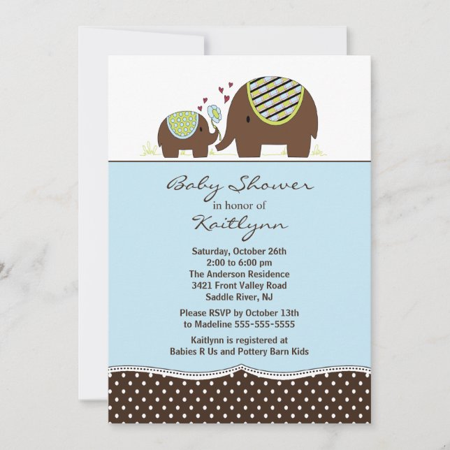 Invitación a Baby Shower de Elefante Azul y Niño N (Anverso)