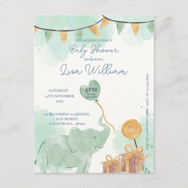 Invitación a Baby Shower de elefante bebé lindo (Anverso)