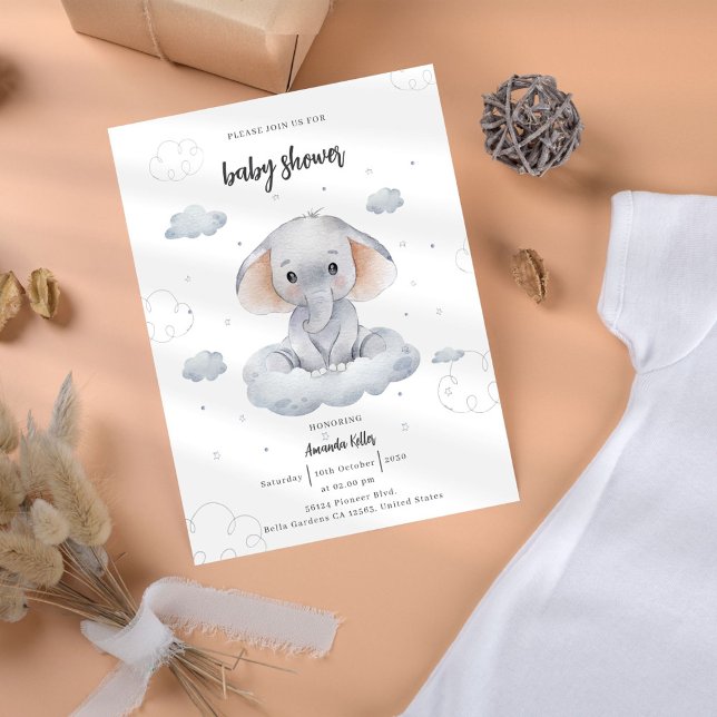Invitación a Baby Shower de elefante cutáneo acuar (Subido por el creador)