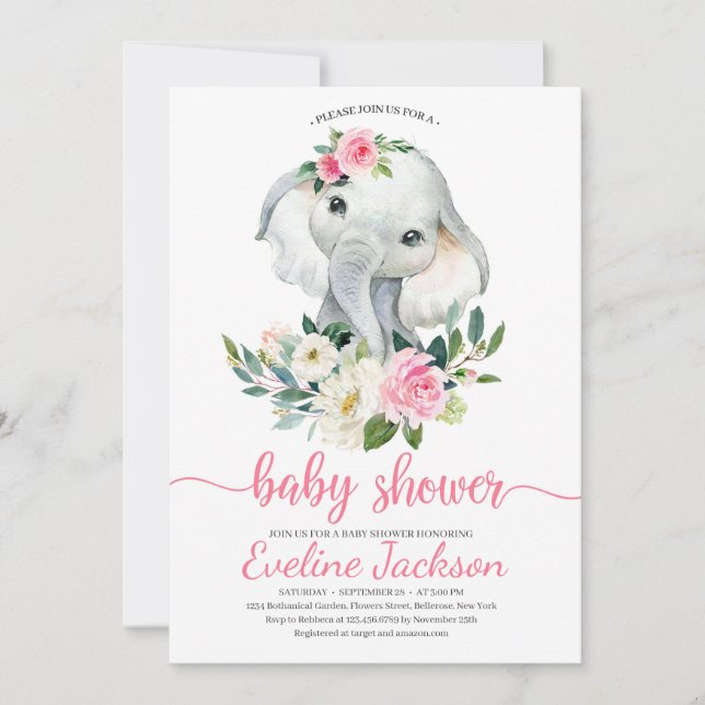 Invitación a Baby Shower de elefante cutáneo Rubor (Anverso)