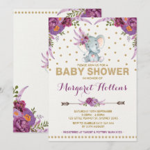 Invitación a Baby Shower de Elefante Floral Purple