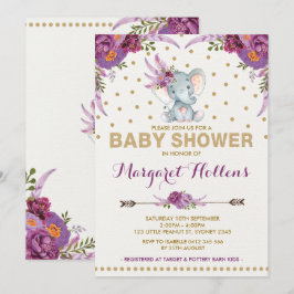 Invitación a Baby Shower de Elefante Floral Purple