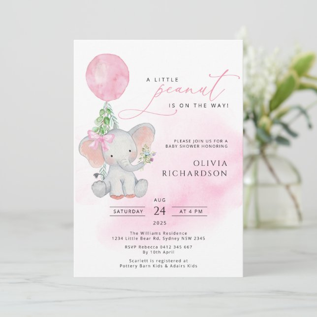 Invitación a Baby Shower de elefante lindo Chica e (Anverso de pie)