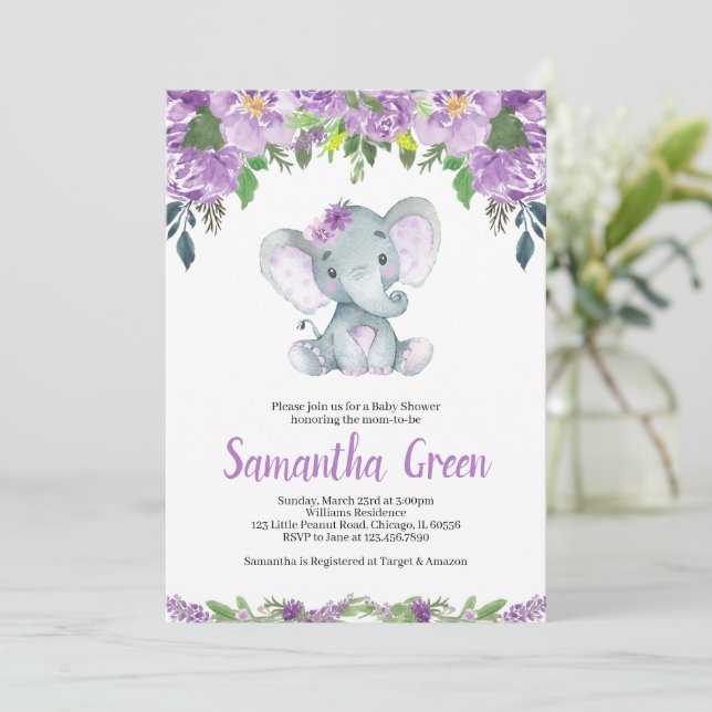 Invitación a Baby Shower de Elefante Morado (Anverso de pie)