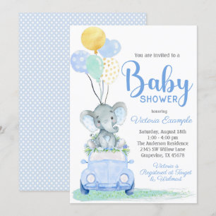 Invitación a baby shower de elefante niño en coche
