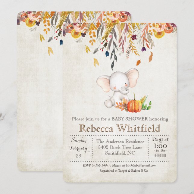 Invitación a baby shower de elefante otoñal y cala (Anverso / Reverso)