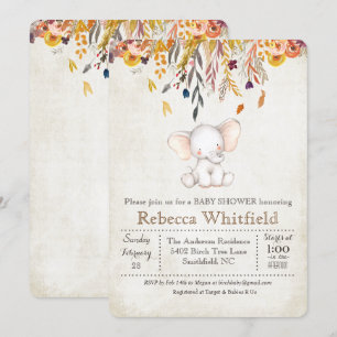 Invitación a baby shower de elefante otoñal y cala