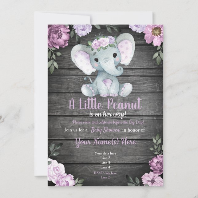 Invitación a Baby Shower de Elefante Púrpura, rúst (Anverso)