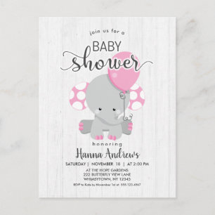 Invitación a baby shower de elefante rosa en mader