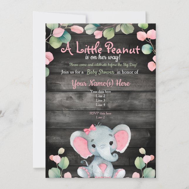 Invitación a Baby Shower de Elefante Rosa Verde Rú (Anverso)