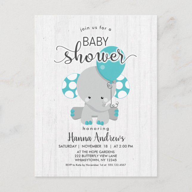 Invitación a Baby Shower de Elefante Verde azulado (Anverso)