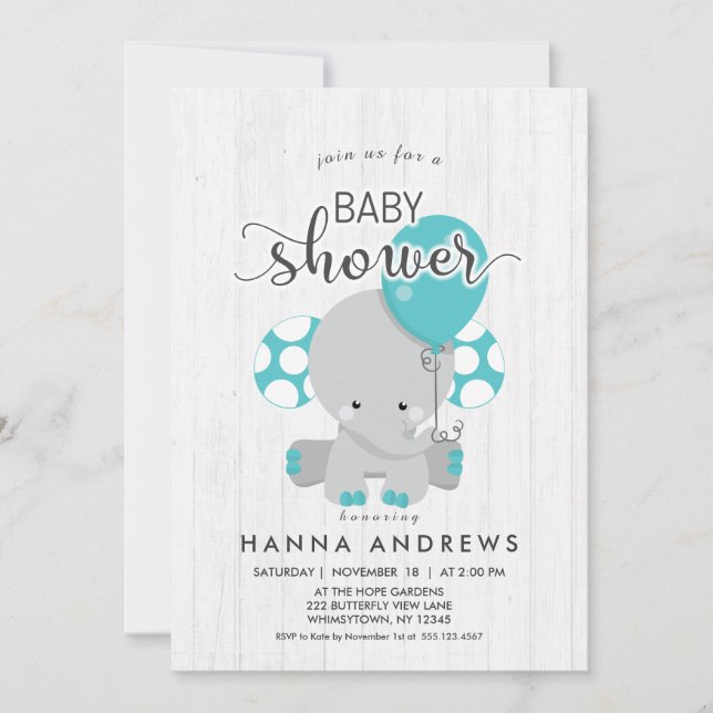 Invitación a Baby Shower de Elefante Verde azulado (Anverso)