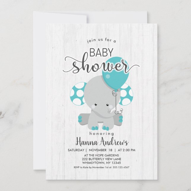 Invitación a Baby Shower de Elefante Verde azulado (Anverso)