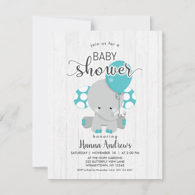 Invitación a Baby Shower de Elefante Verde azulado (Anverso)