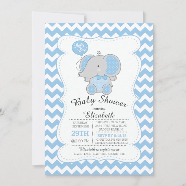 Invitación a Baby Shower de elefantes azules (Anverso)