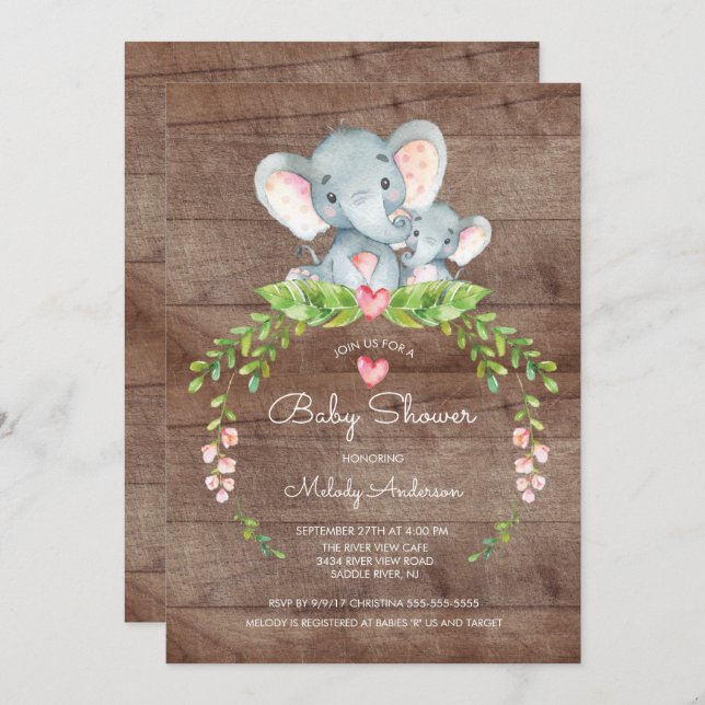 Invitación a Baby Shower de elefantes de la selva  (Anverso / Reverso)