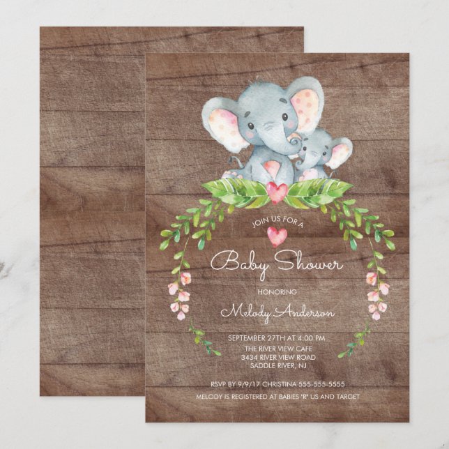 Invitación a Baby Shower de elefantes de la selva  (Anverso / Reverso)
