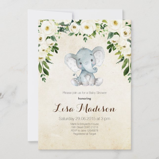 Invitación a Baby Shower de elefantes florales bla (Anverso)