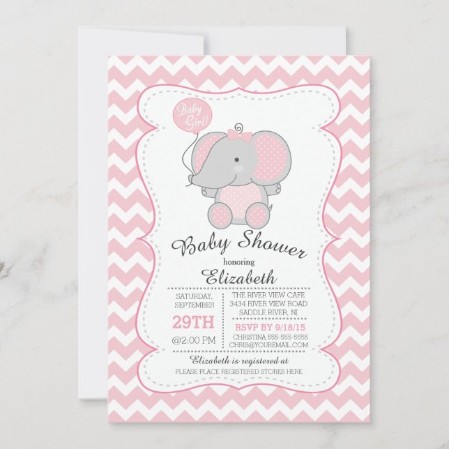 Invitación a Baby Shower de elefantes rosados cura (Anverso)