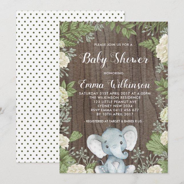 Invitación a Baby Shower de elefantes rusos botáni (Anverso / Reverso)