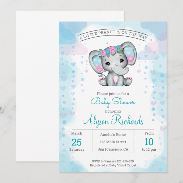 Invitación a Baby Shower de elefantes verde azulad (Anverso / Reverso)