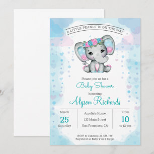Invitación a Baby Shower de elefantes verde azulad